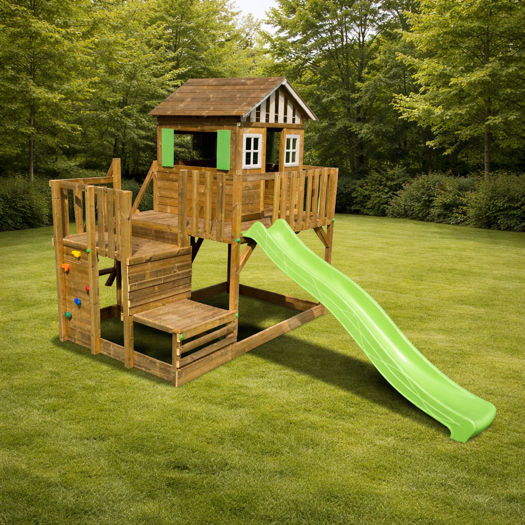 Casita de Madera WoodPlay | Torre Infantil con Tobogán y Escalada