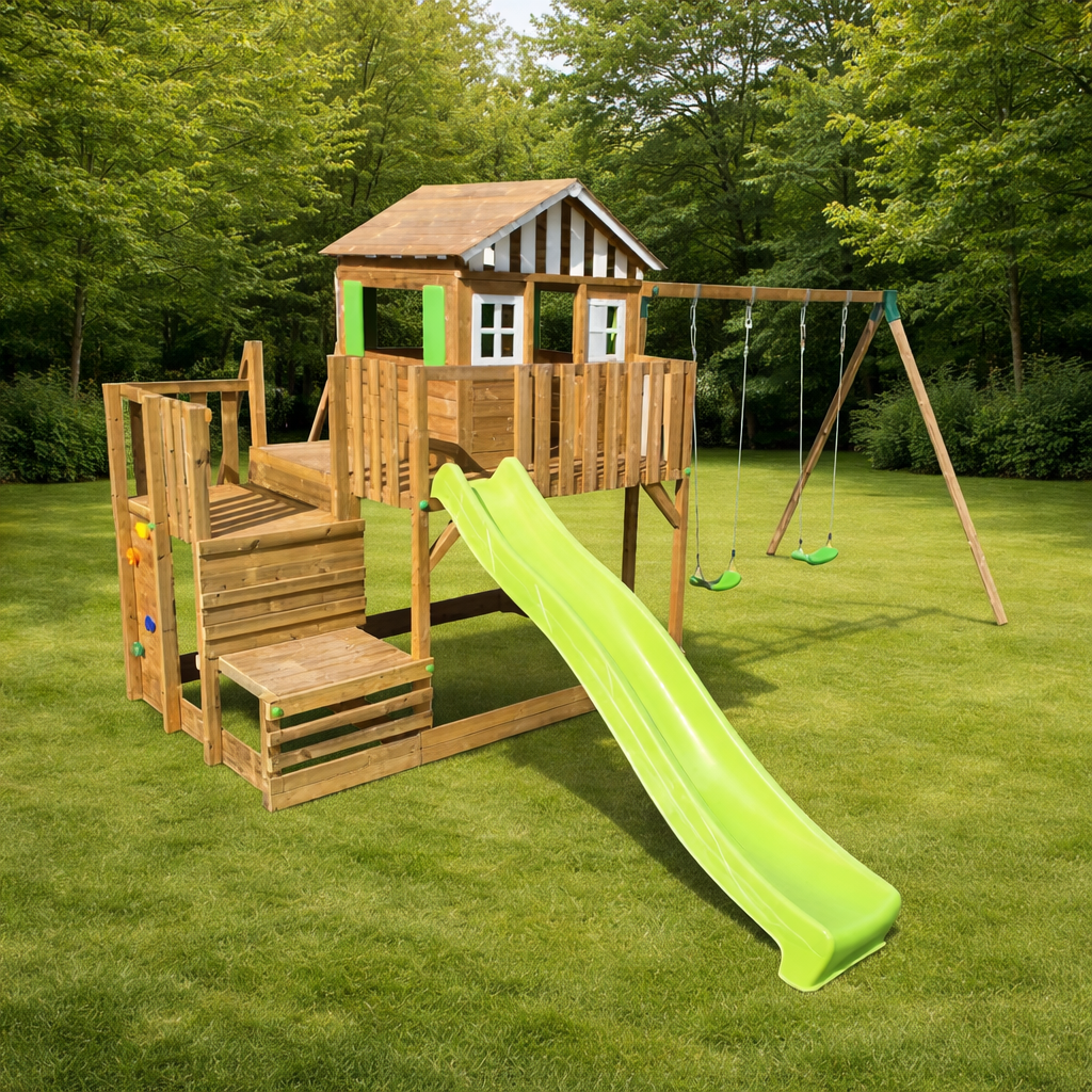 Parque Infantil WoodPlay Terra | Casita de Madera con Tobogán y Escalada