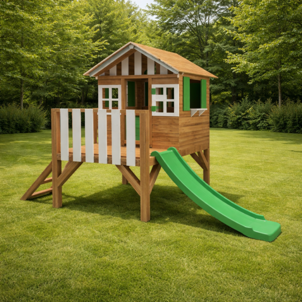 Casita de Madera Green Slide | Casita Elevada con Tobogán para Niños