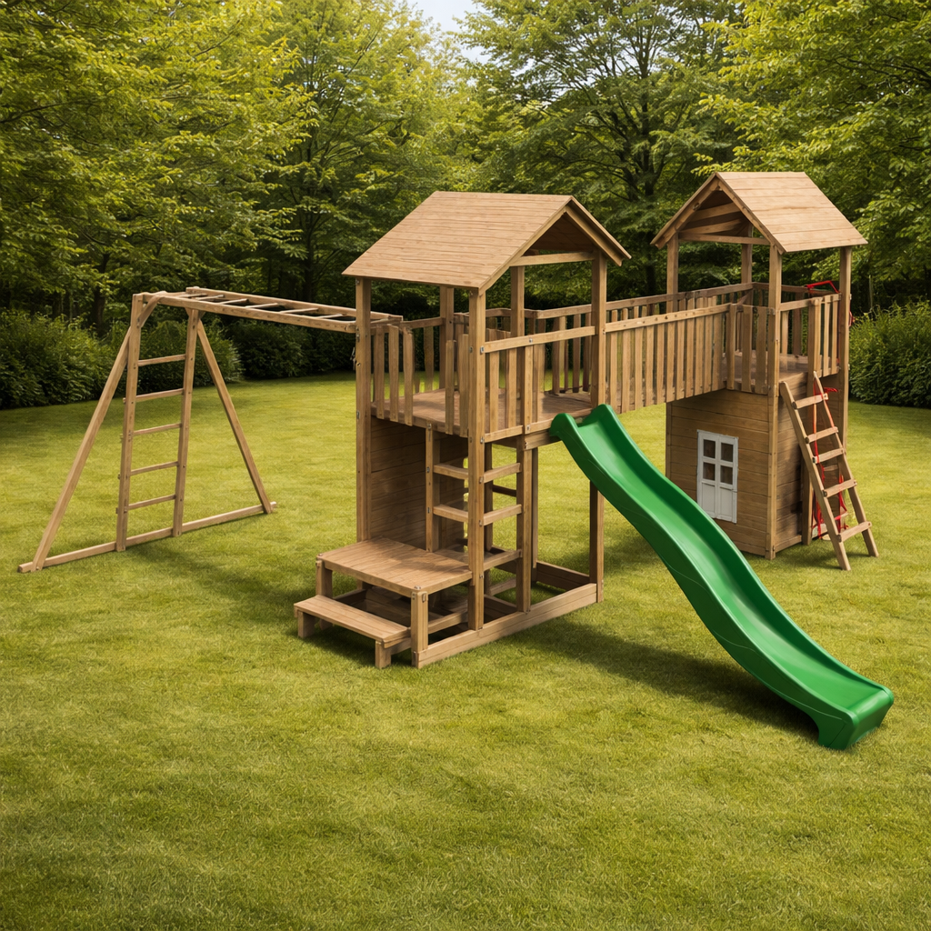 Parque Infantil DualFort Bridge | Doble Torre de Madera con Barra de Bombero