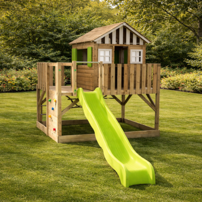 Casita de Madera Elevada MSP-4 | Tobogán y Muro de Escalada