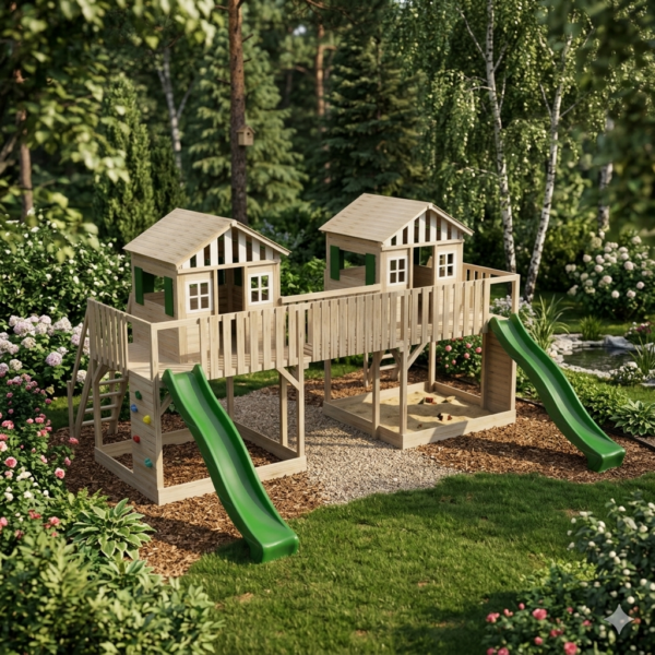 Parque Infantil TwinFort Bridge XL | Doble Torre de Madera con Puente y Toboganes