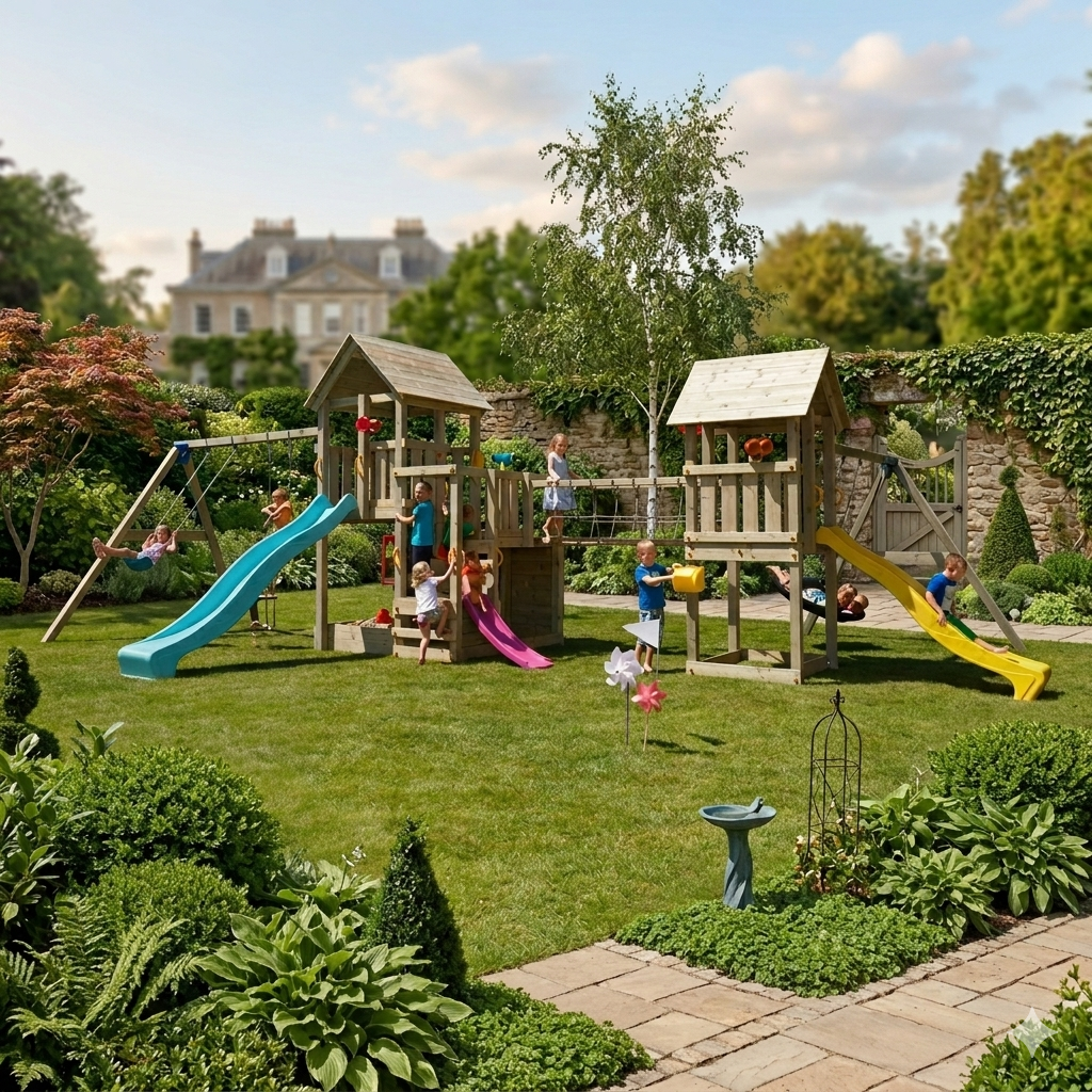 Parque Infantil DualTower Park | Doble Torre con Puente Colgante de Madera