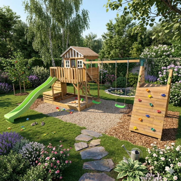 Casita de Madera WoodPlay Terra | Parque Infantil con Tobogán y Columpios