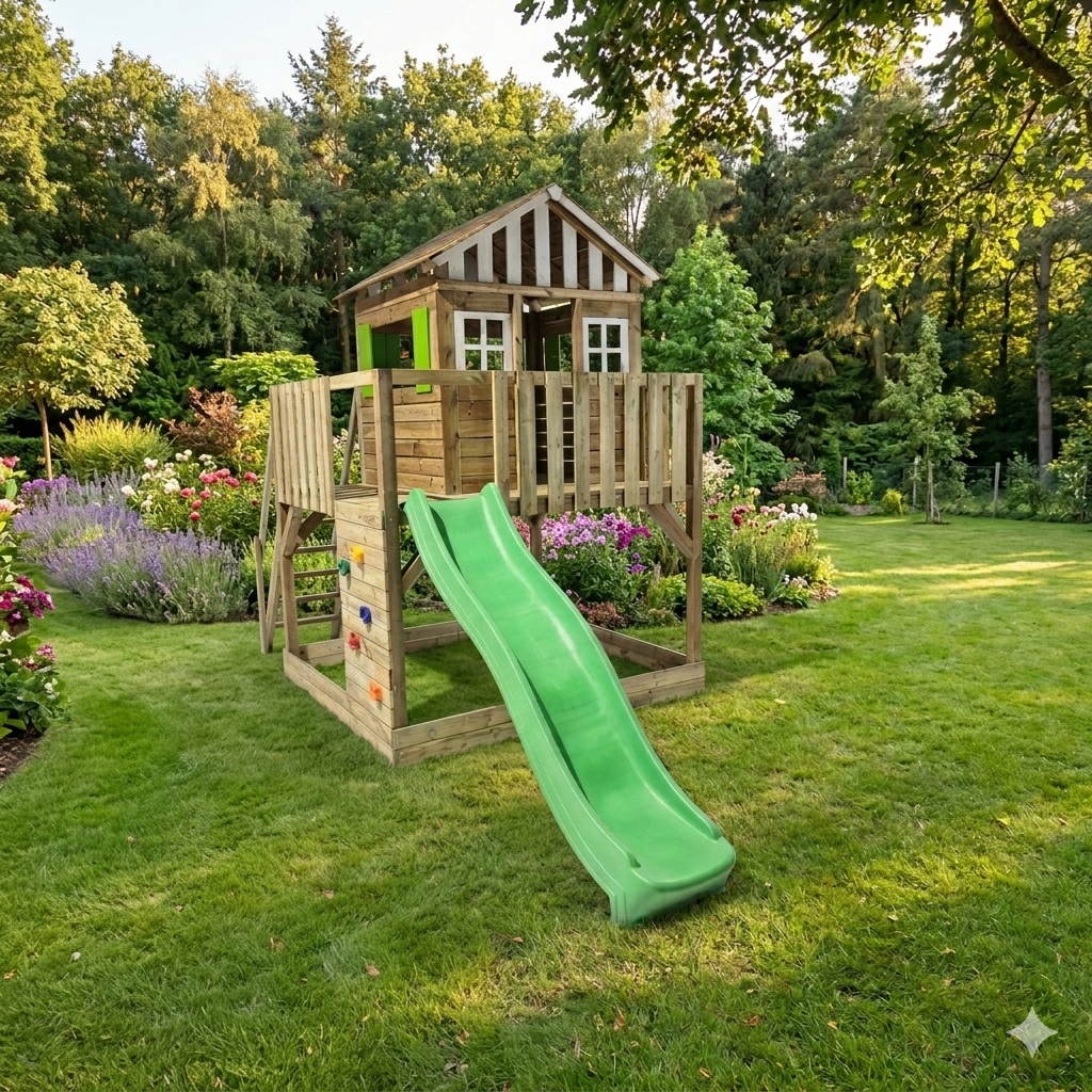 Casita de Madera PlayTower Summit | Torre Infantil con Tobogán y Escalada