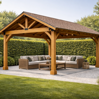 Cenador de Madera con Tejado Rígido a Dos Aguas - Fabricación a Medida