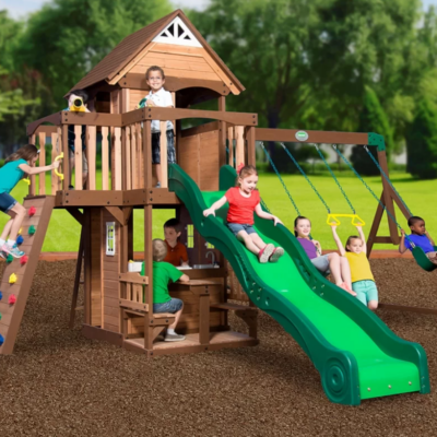 Parque Infantil Mount Triumph de Madera con Cocina de Juguete y Tobogán