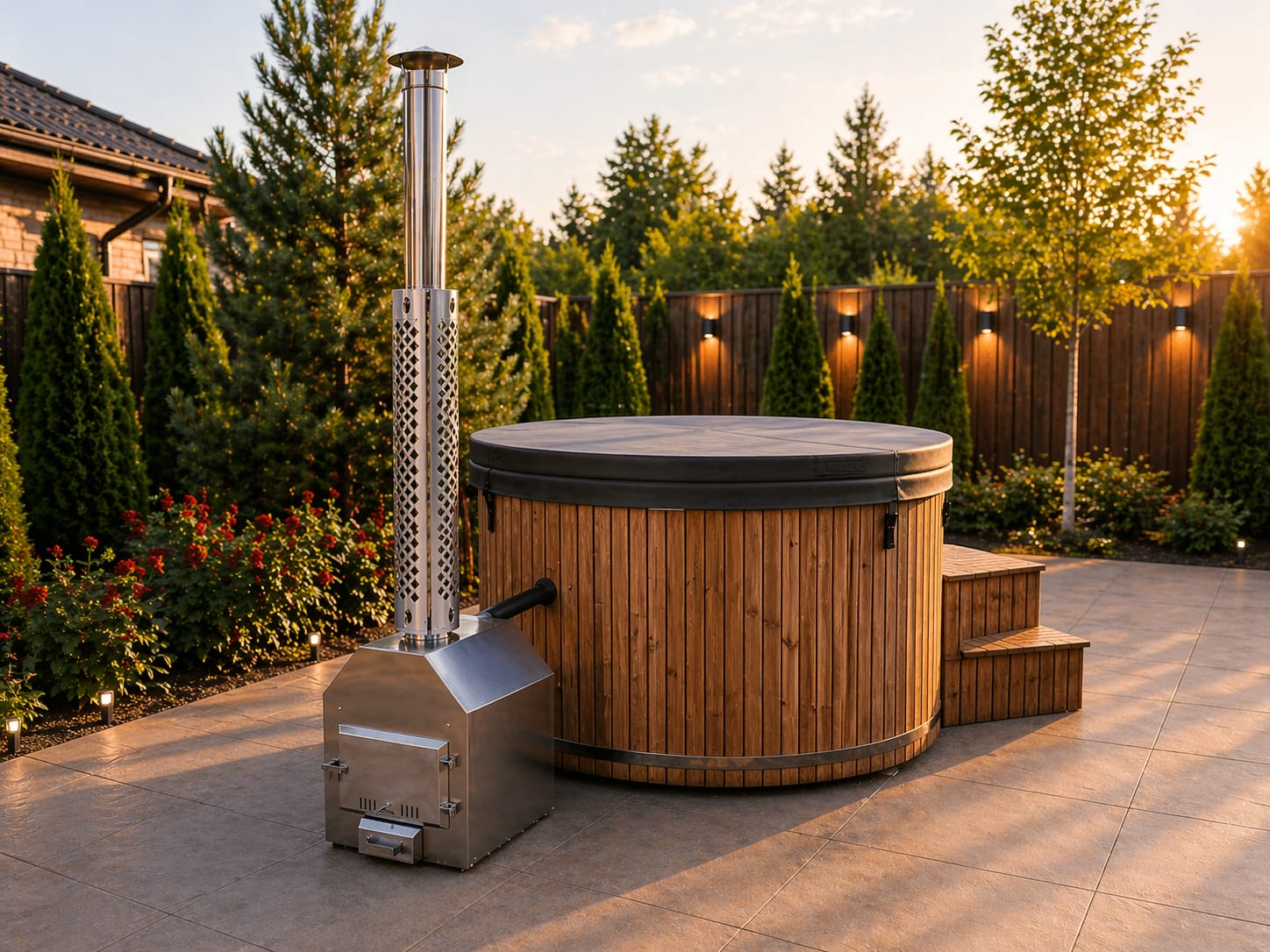 Jacuzzi de madera con estufa de leña