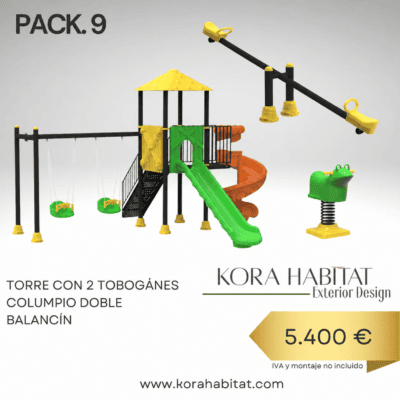 Torre infantil de madera con toboganes y columpio