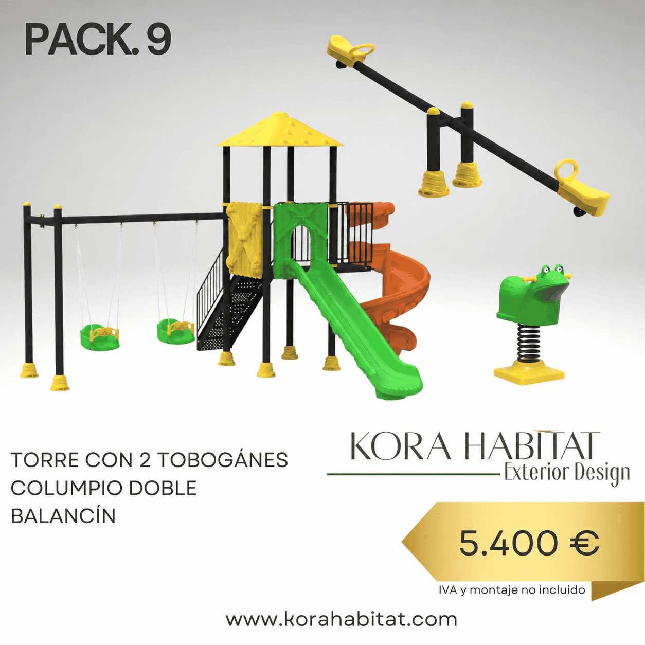 Torre infantil de madera con toboganes y columpio
