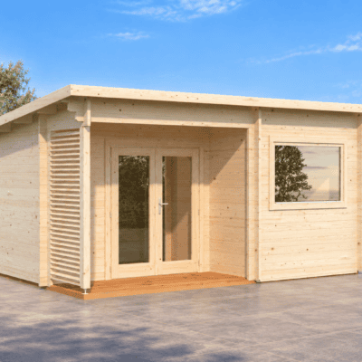 Sauna de madera Sanna de 11,5 m² instalada en jardín