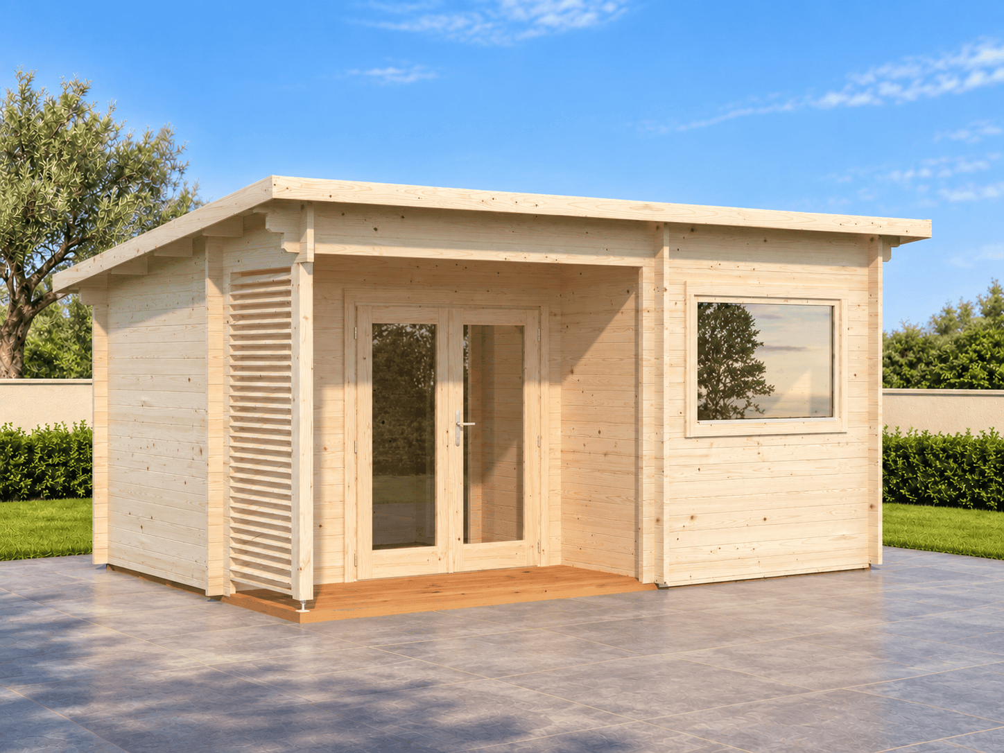 Sauna de madera sanna de 11,5 m² instalada en jardín