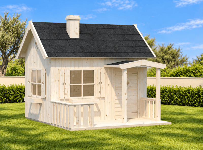 Casita infantil de madera instalada en jardín mediterráneo