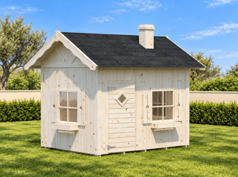 Casita de madera para juegos en jardín mediterráneo