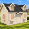 Casita de juegos de madera en jardín mediterráneo
