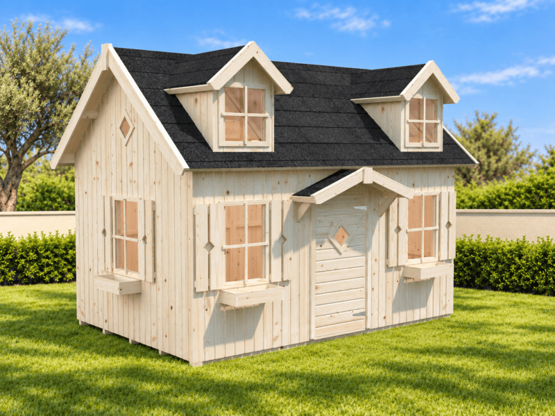 Casita de juegos de madera en jardín mediterráneo