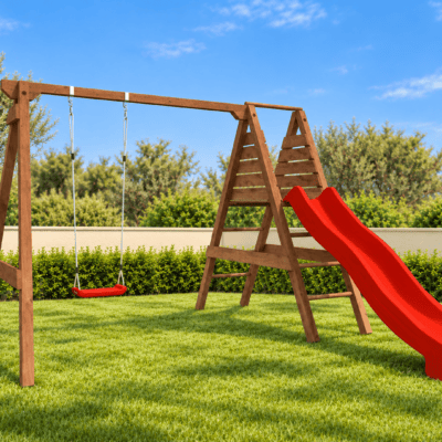 Parque infantil con columpio y tobogán en jardín