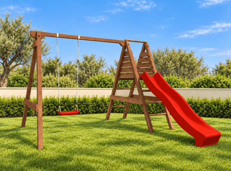 Parque infantil con columpio y tobogán en jardín