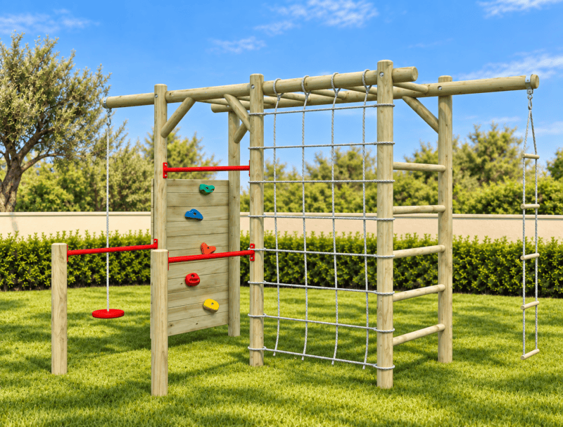 Estructura infantil de trepa de madera en jardín