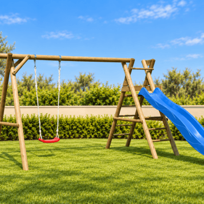 Parque infantil de madera en jardín mediterráneo