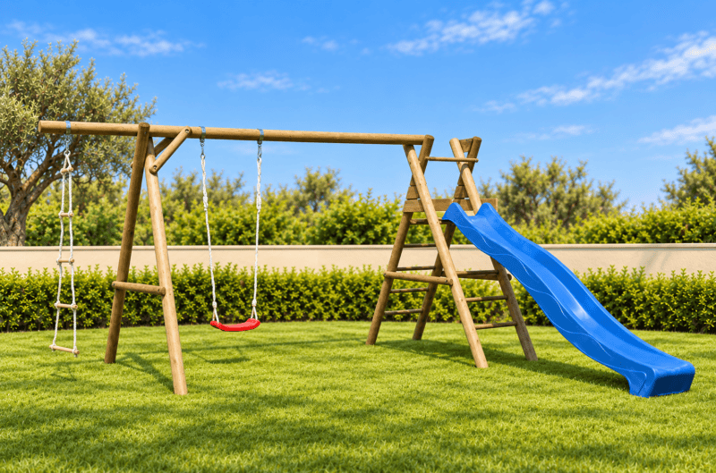 Parque infantil de madera en jardín mediterráneo