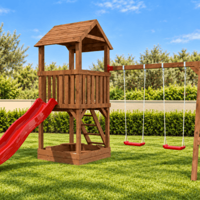Parque infantil de madera en un jardín