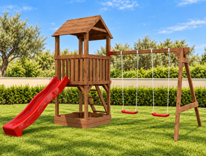 Parque Infantil De Madera Jesper Set 2 L 3,66×3X3,14M L 10,8M² - Kora Habitat Parque infantil de madera en un jardín