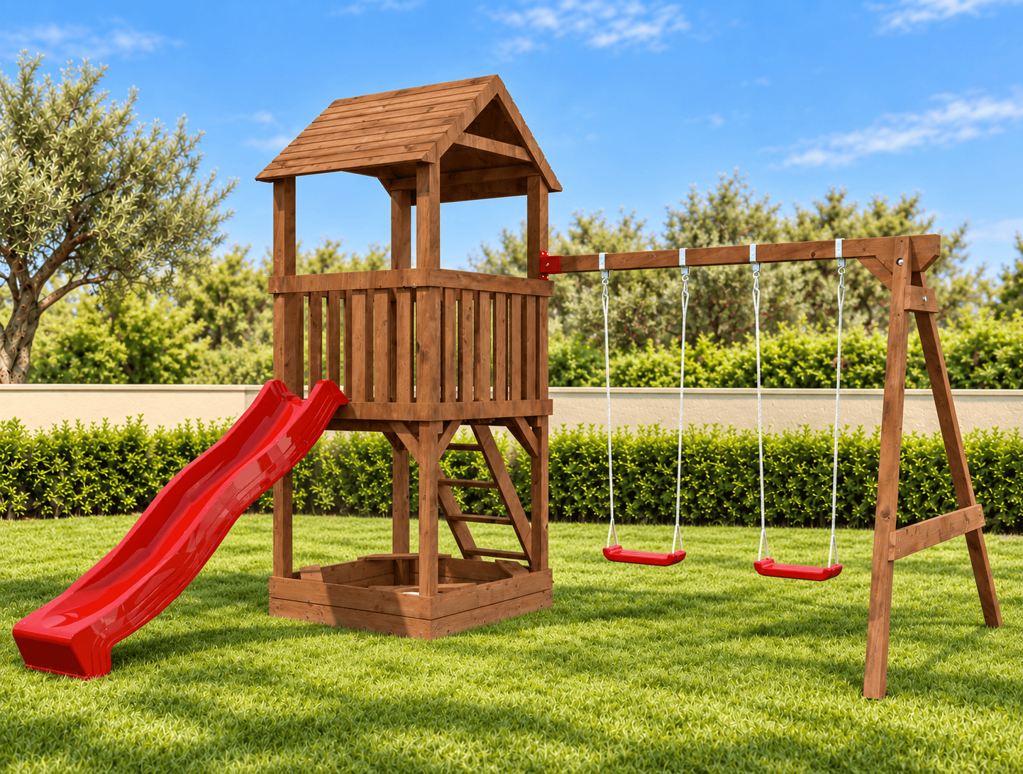 Parque infantil de madera en un jardín