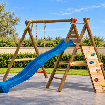 Estructura de parque infantil de madera en jardín