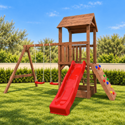 Parque infantil de madera instalado en jardín mediterráneo