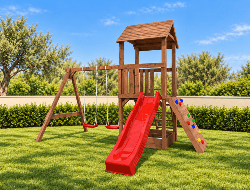Parque Infantil De Madera Jesper Set 3 L 3,6X3X3,14M L 10,8M² - Kora Habitat Parque infantil de madera instalado en jardín mediterráneo