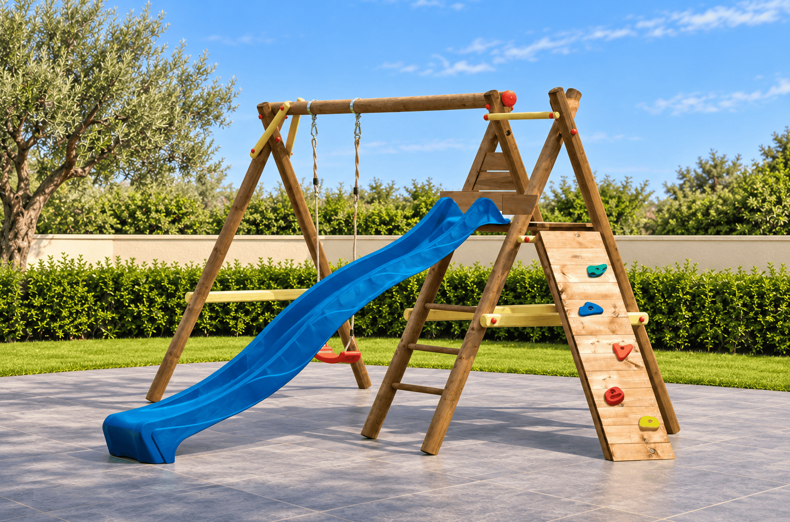 Estructura de parque infantil de madera en jardín