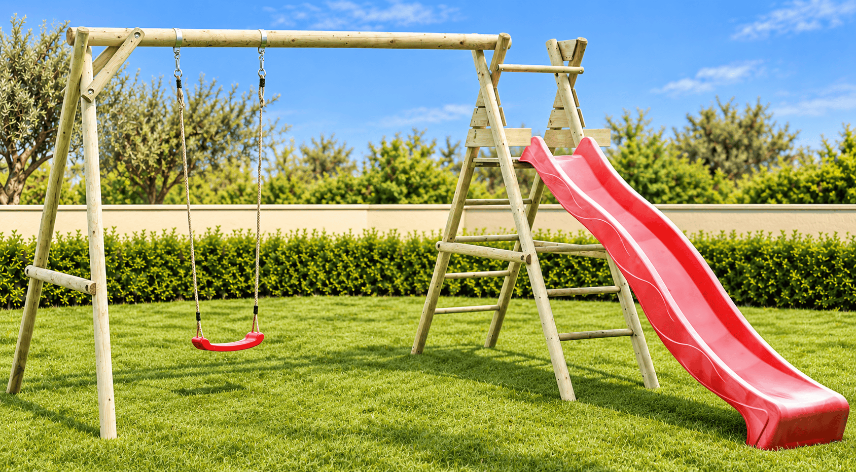 Parque infantil de madera en un jardín mediterráneo