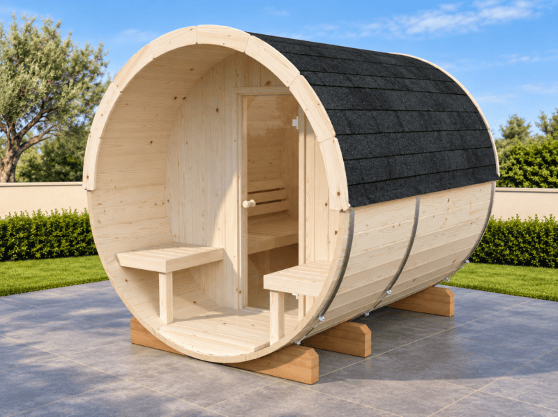 Sauna de barril en jardín mediterráneo