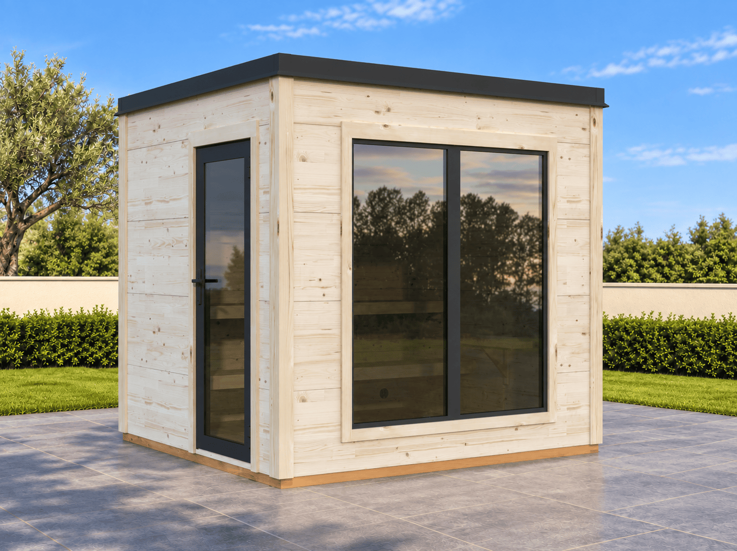 Sauna compacta de madera en jardín