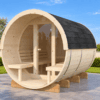 Sauna de barril de madera en jardín mediterráneo