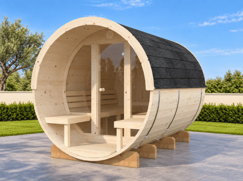 Sauna de barril de madera en jardín mediterráneo