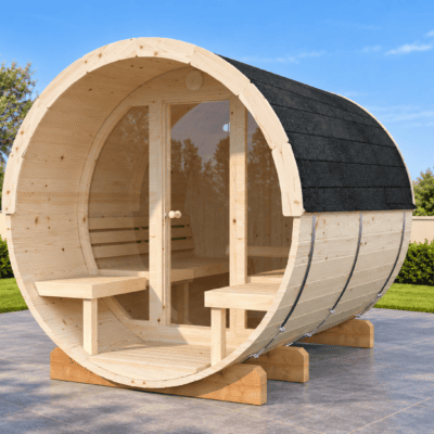 Sauna exterior de barril de madera