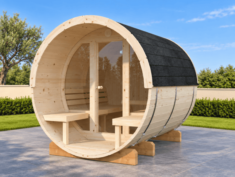 Sauna exterior de barril de madera
