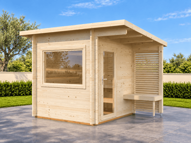 Sauna exterior de madera en jardín