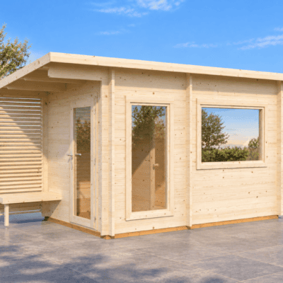 Sauna exterior de madera en jardín mediterráneo
