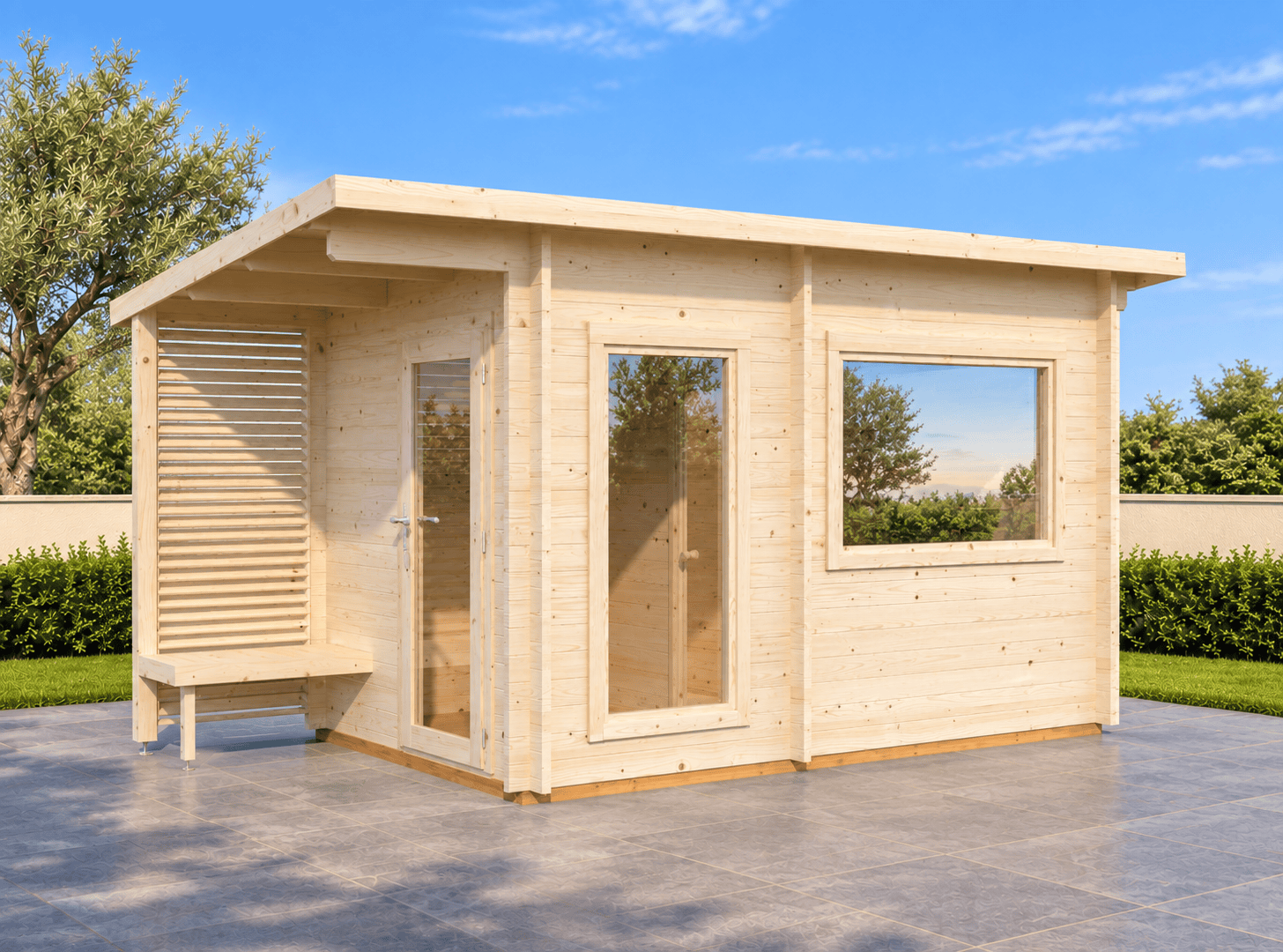Sauna exterior de madera en jardín mediterráneo