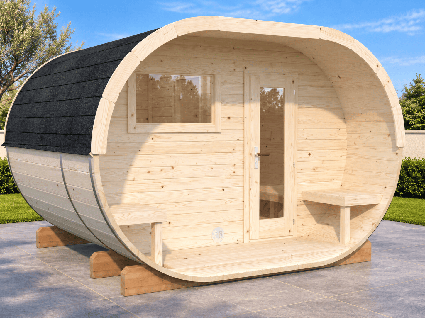 Sauna de madera para exterior en jardín