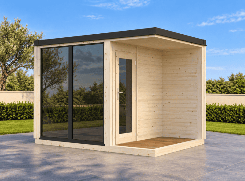 Sauna moderna de exterior en jardín mediterráneo