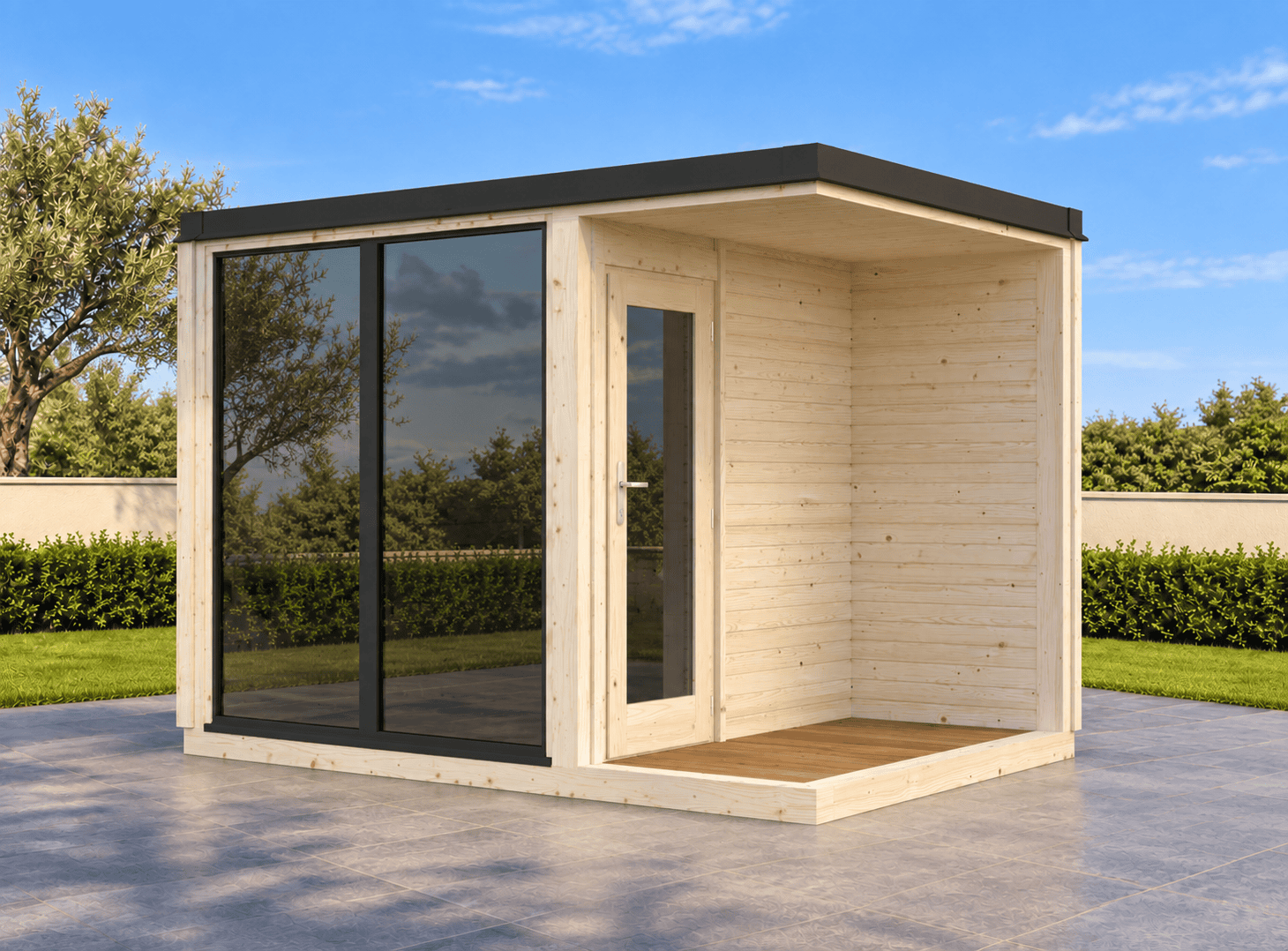 Sauna moderna de exterior en jardín mediterráneo